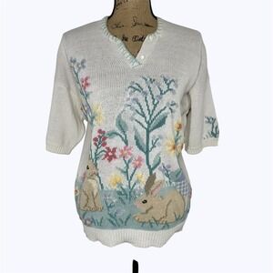 Signatures Northern Isles Hand Knit Sweater Bunny Floral Easter Spring Vtg Sz M